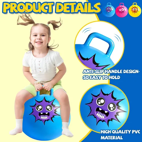 Vista 4 de Hymaz Pelota de tolva para niños de 3 a 6 años, paquete de 3 bolas inflables con asa, pelota inflable para saltar saltando, juguetes de salto