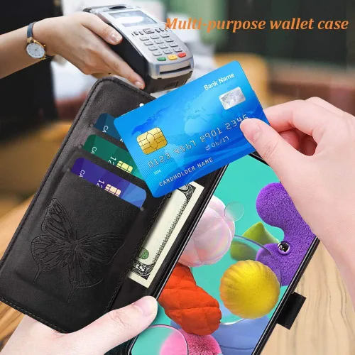 Vista 3 de para Samsung Galaxy A51 Case Wallet Flip Cover (Negro) Butterfly Floral Embossed Pattern, Wrist Strap, PU Leather, Card Holder Slots, Cash Pocket