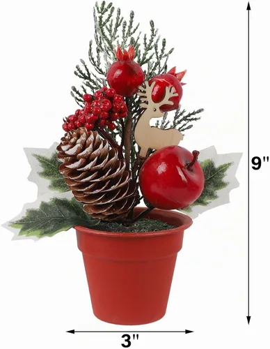 Vista 3 de winemana Mini decoraciones de mesa de árbol de Navidad, 6 piezas de árbol artificial pequeño con piñas y bayas rojas, centro de mesa navideño