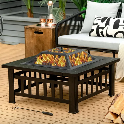Vista 9 de Giantex Pozo de fuego para exteriores de 32 pulgadas, mesa cuadrada 3 en 1, fogata multifuncional para patio exterior, porche, jardín, estufa
