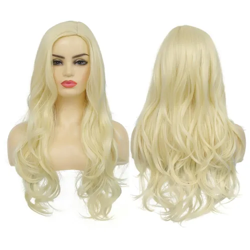 Vista 17 de Pelucas largas rizadas onduladas negras para mujer, parte lateral, aspecto natural, sintética, para cosplay, resistente al calor, peluca de repuesto