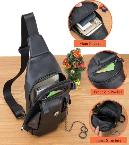 Vista 6 de BULLCAPTAIN Bolso bandolera de cuero genuino para hombre bandolera con soporte para teléfono celular cadena en el pecho mochila de hombro XB-520 M