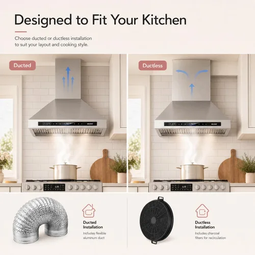 Vista 6 de Brano Range Hood 30 Inch Wall Mount, 900 CFM Ducted/Ductless Convertible, 4-Speed Stainless Steel Vent Hood, Voice Gesture Touch Control Panel