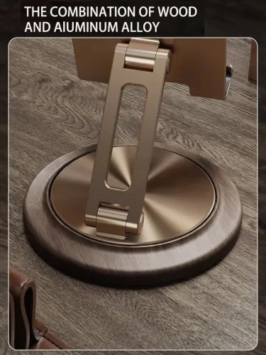 Vista 4 de Soporte ajustable de aluminio para teléfono celular, soporte plegable para teléfono de escritorio totalmente ajustable con base de madera
