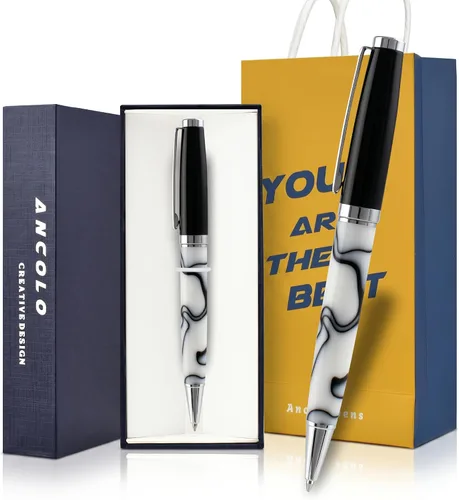 Vista 13 de Ancolo Bolígrafo cromado plateado personalizado, impresionante bolígrafo de lujo con piel sintética, personaliza tu mensaje, nombre. Set de regalo