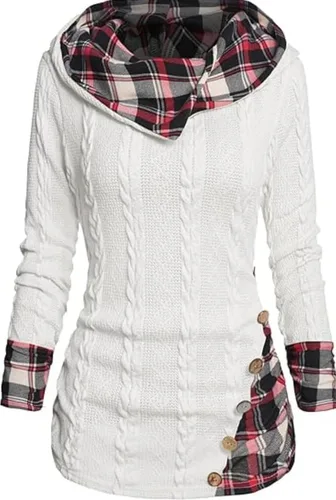 Vista 3 de LELEBEAR Sudadera con capucha de manga larga para mujer, con botones de empalme a cuadros, estilo bohemio, ropa de otoño e invierno
