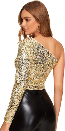 Vista 2 de Verdusa - Blusa corta de lentejuelas con un hombro descubierto para mujer