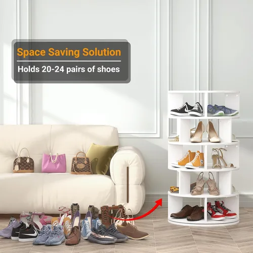 Vista 3 de Aheaplus Zapatero Giratório, Organizador de Zapatos de 5 Niveles de Madera para Clóset, Torre Giratoria de Zapatos de 360°, Estante de Blanco