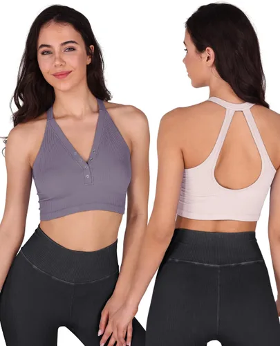 Vista 2 de ODODOS Paquete de 2 camisetas cortas sin costuras Henley para mujer, con espalda abierta, acanalada, con botones