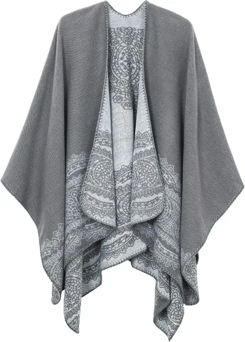 Vista 13 de Chal estilo poncho de frente abierta con patrón vintage para mujer, abrigo de invierno Serie 15-negro