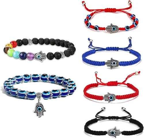 Vista 6 de 2 Pulseras elásticas con cuentas azules de ojo malvado, 7 chakras, piedra de lava, mano de Hamsa