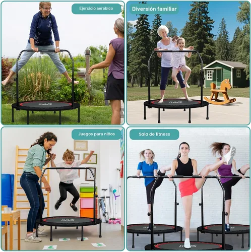 Vista 2 de RAVS Mini Trampolín para Niños y Adultos de 40"/48" Plegable de Fitness Reboteador Trampolín para Niños con Manija Ajustable en Altura de 5 Niveles