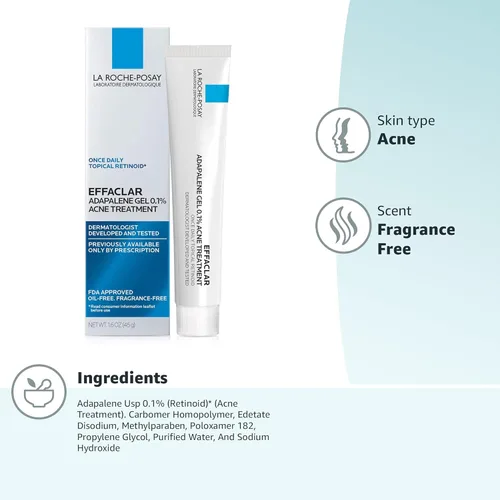 Vista 10 de La Roche-Posay Effaclar Adapalene Gel 0.1% Tratamiento para el acné, crema retinoide, gel medicamento para puntos negros y puntos blancos, sin