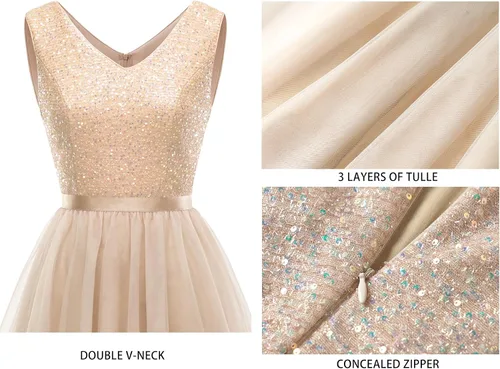 Vista 6 de Meetjen Vestido de cóctel para mujer, vestido de tul con lentejuelas, vestido de manga corta con cuello en V, vestido acampanado