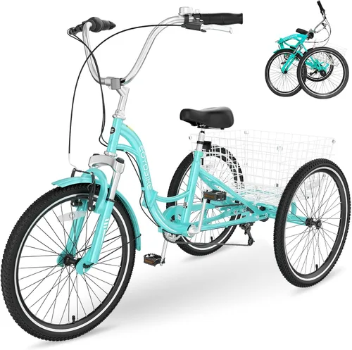 Vista 9 de H&ZT Triciclo para adultos, bicicleta de 3 ruedas, triciclo crucero, con cambio de 7 velocidades, manilla de freno de estacionamiento, paso bajo