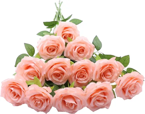 Vista 34 de LVEFIT 12 rosas artificiales de seda con tallo largo para bodas, despedidas de soltera, fiestas, decoración del hogar Blush