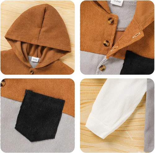 Vista 5 de TITKKOP Ropa de otoño e invierno para niño pequeño, sudadera con botones de pana, sudadera con bloque de color, bolsillo parcheado, abrigo