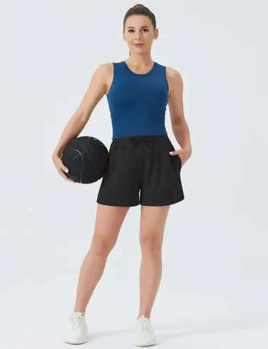 Vista 6 de THE GYM PEOPLE Pantalones cortos deportivos con cordón para mujer, cintura alta, pantalones cortos de entrenamiento de verano con bolsillos