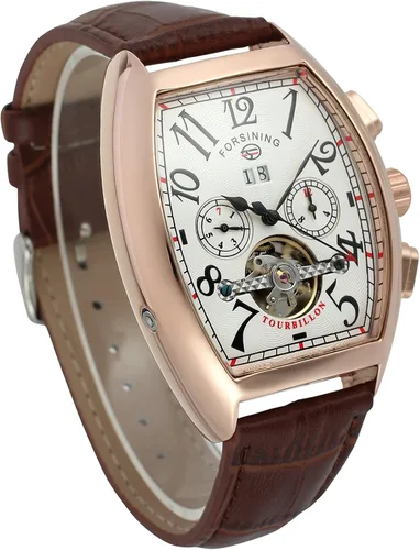 Vista 5 de FORSINING Reloj rectangular de cuerda automática para hombre, con correa de cuero auténtico, Tourbillon