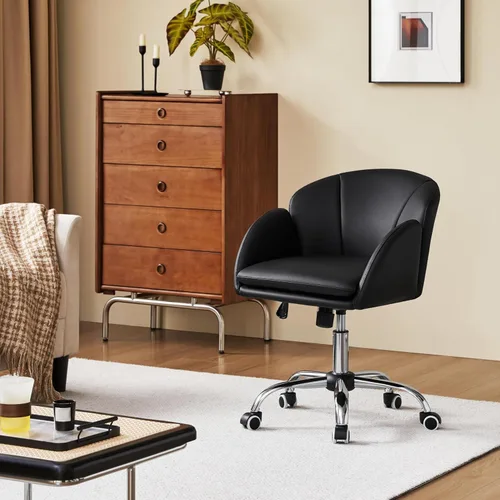 Vista 2 de Yaheetech Linda silla de escritorio de pétalos para el hogar, silla giratoria de cuero para escritorio, silla de tocador de maquillaje