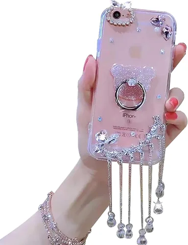 Vista 3 de LCHDA - Funda con soporte para anillo compatible con iPhone 15 de 6.1 pulgadas, bonita funda protectora de lujo con diamantes de imitación