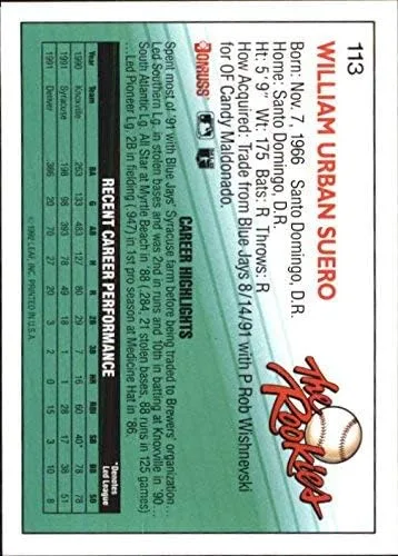 Vista 2 de 1992 Donruss Rookies #113 William Suero MLB Baseball Trading Card