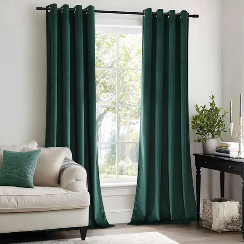 Vista 5 de Cortinas opacas de terciopelo verde oscuro de 84 pulgadas de largo, con ojales, para dormitorio, bloqueo de luz, aislamiento térmico, juego de 2