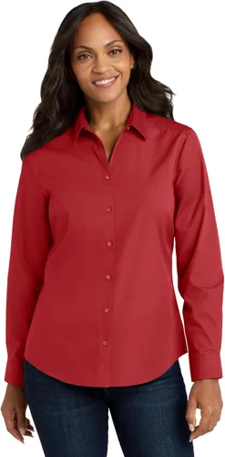 Vista 12 de Port Authority Camisa de popelín con manga larga y botones sin preocupaciones para mujer