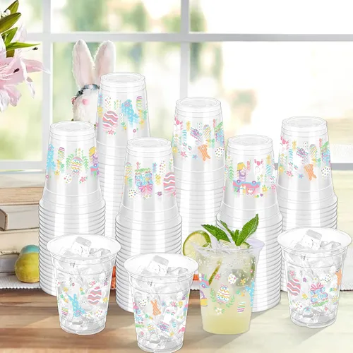 Vista 4 de 100 vasos de plástico con diseño de conejo de Pascua, vasos desechables transparentes de 12 onzas para Pascua, primavera, fiestas de cumpleaños