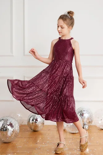 Vista 3 de GRACE KARIN Vestido de lentejuelas para niñas 2024, elegante, lindo, vestido largo de fiesta para niñas de 5 a 14 años