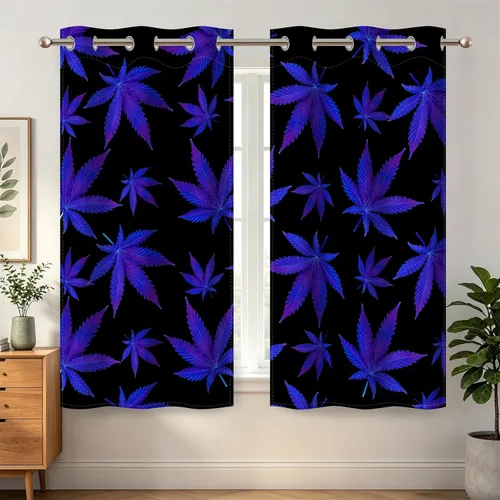 Vista 2 de Renaiss Cortinas de ventana de hoja de arce azul y morado, hojas de hierbas, impresión de follaje de malezas, tratamientos de ventana