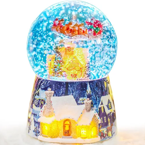 Vista 7 de Caja de música de Navidad, regalo de globo de nieve, Papá Noel giratorio musical volando sobre la aldea con purpurina, regalo para niñas, esposa
