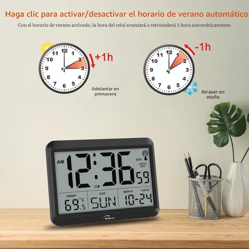 Vista 5 de WallarGe - Reloj de pared digital atómico, funciona con pilas, autoconfiguración, pantalla grande con temperatura, fecha, día de la semana, reloj