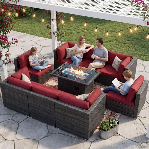 Vista 22 de NICESOUL Juego de muebles de patio de ratán extra grande con mesa para fogata de gas y propano, 29.3 pulgadas, respaldo alto, cómodos conversaciones