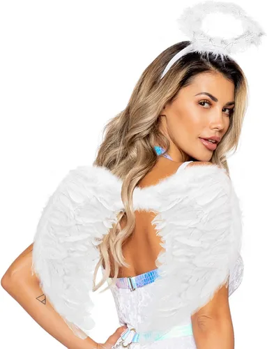 Vista 4 de Alas de ángel para niños y adultos, diadema con halo de plumas blancas, disfraz de ángel de hadas para fiesta, cosplay elegante para mujer