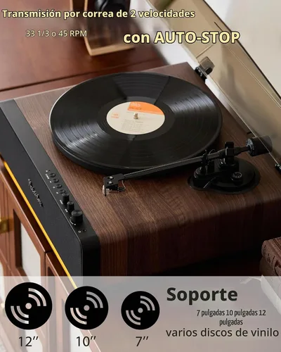 Vista 5 de Tocadiscos de vinilo con altavoces integrados, tocadiscos Bluetooth todo en uno para 33/45 RPM, tocadiscos de alta fidelidad para discos de vinilo