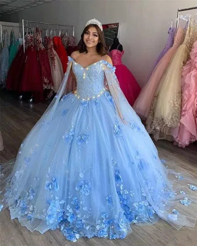 Vista 4 de Asulla Precioso vestido de quinceañera de flores 3D con capa desmontable fuera del hombro vestido de bola para dulces 16 fiesta 15 años