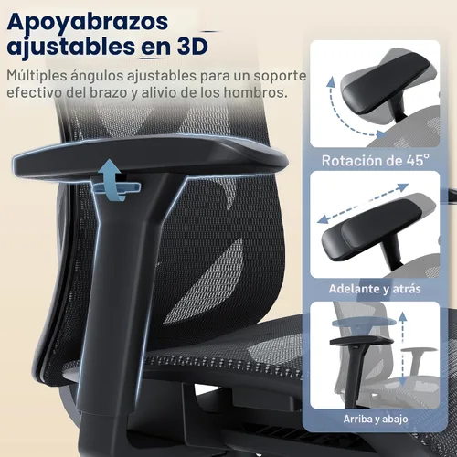 Vista 5 de Silla de oficina ergonómica, sillas de escritorio de malla para computadora con soporte lumbar ajustable, reposabrazos 3D, función de inclinación