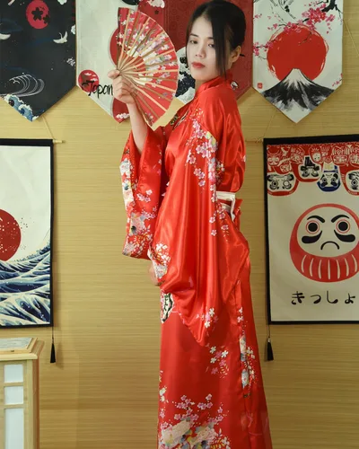 Vista 2 de PLULON 5 piezas bata japonesa Geisha Yukata vestido flor satén albornoz
