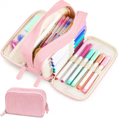 Vista 12 de Sooez Estuche de Lápices de Gran Capacidad con Funda para Bolígrafos, Bolsa de Lápiz de Corduroy Suave con 3 Compartimentos, Múltiples Bolsillos