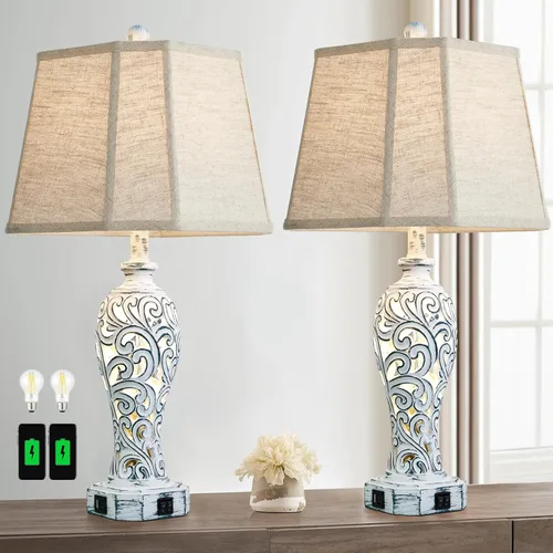 Vista 14 de Lámpara de mesa de granja de 25 pulgadas para sala de estar y dormitorio, lámpara de noche de diseño rústico vintage con 2 puertos USB y luz