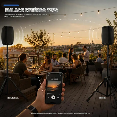 Vista 6 de Gemini Altavoz PA Bluetooth de 8" 500W con enlace TWS, USB/SD/FM, entradas XLR/RCA/AUX, canales de micrófono y guitarra, altavoz DJ compacto