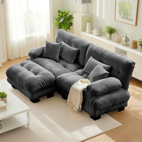 Vista 71 de SoarFlash Moderno sofá reclinable de terciopelo para sala de estar, sofá biplaza para apartamento, sofá de almacenamiento con marco de madera Azul