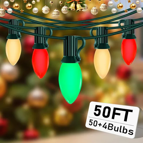 Vista 9 de Luces de Navidad C9 multicolor, 7.62 metros de cadena de luces transparentes multicolor con 26 bombillas de vidrio transparente (1 de repuesto)