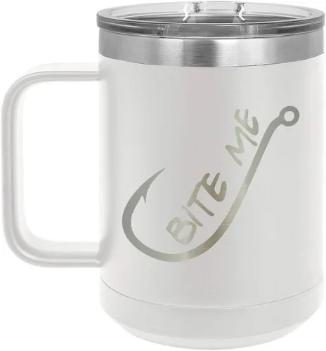 Vista 19 de BITE ME Negro 15 oz Taza de café w/tapa deslizante Taza de café de viaje aislada Ideas de regalos de cumpleaños o Navidad de mujeres u hombres