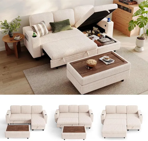 Vista 30 de LINSY HOME Sofá cama seccional con sofá cama extraíble para sala de estar (azul) Plush Corduroy