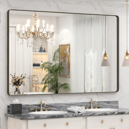 Vista 146 de Paquete de 2 espejos de baño con marco de metal negro de 22 x 30 pulgadas, espejo rectangular redondeado negro mate, antioxidante, se cuelga