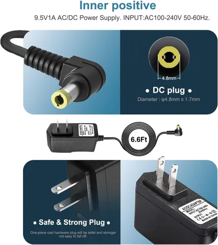 Vista 2 de Adaptador de corriente de cargador Casio de 9.5V Casio compatible con Casio Piano AD-E95100LU, Casio Keyboard SA-76, SA-77, SA-46, LK-135, WK-225