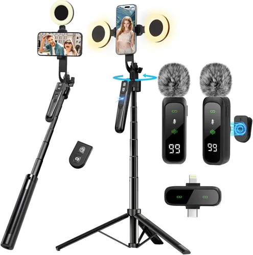Vista 8 de Trípode de seguimiento automático de cara de 70.9 pulgadas para iPhone con luz, rotación de 360 grados que sigue tu movimiento, trípode de teléfono