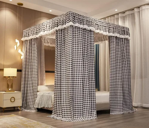 Vista 2 de VETHIN Cortinas de techo elástico estilo princesa con cuatro postes de esquina, acogedora y transpirable, mosquitera para niñas y adultos
